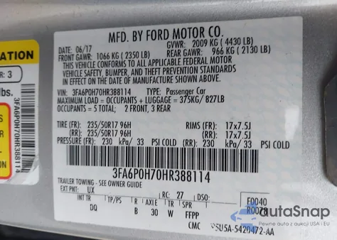 2017 Ford Fusion Se from USA, damaged, VIN 3FA6P0H70HR388114
